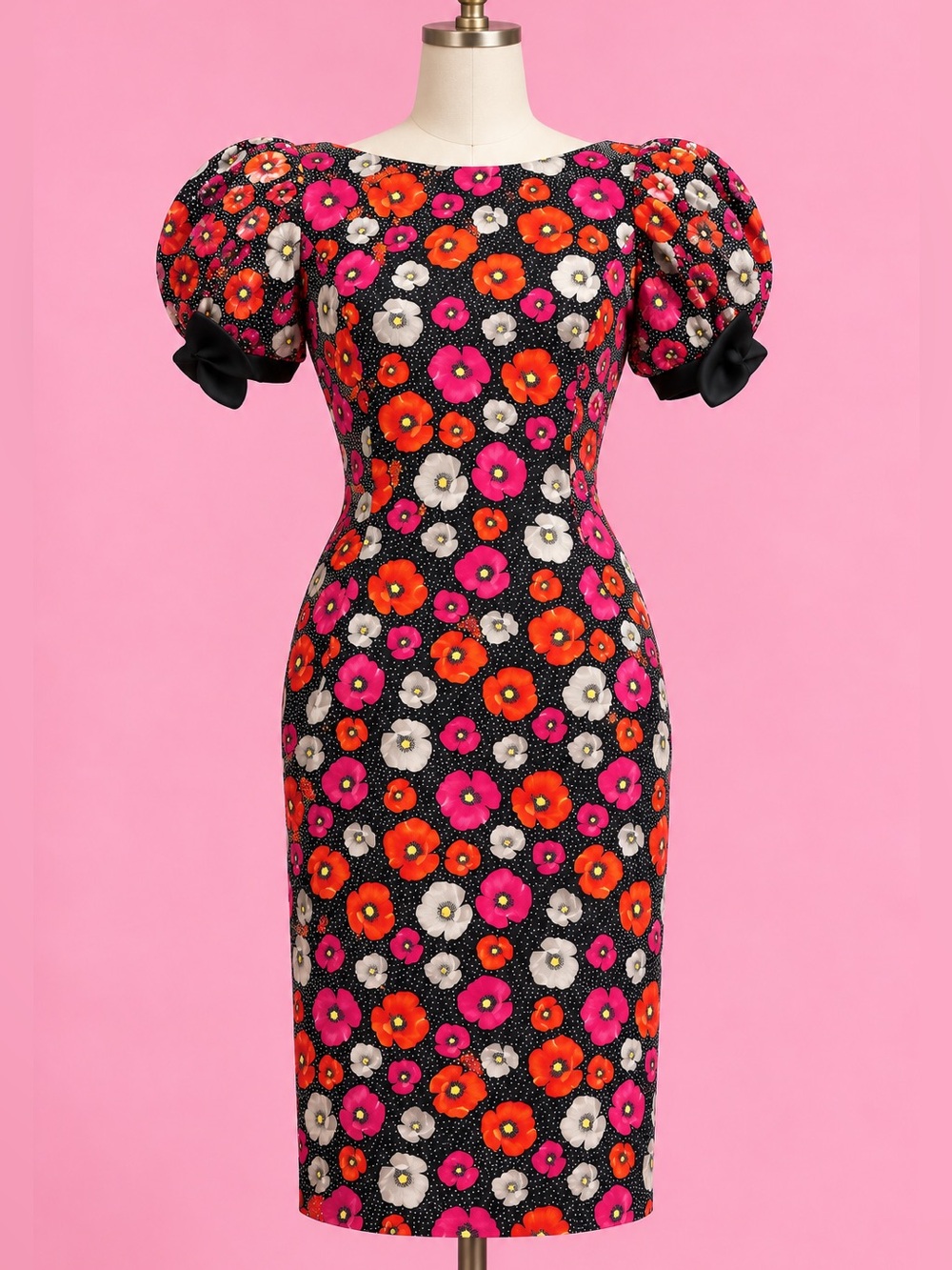 Vintage 80s Morton Myles Sequin Floral Polka Dot Puff Sleeve Dress-12